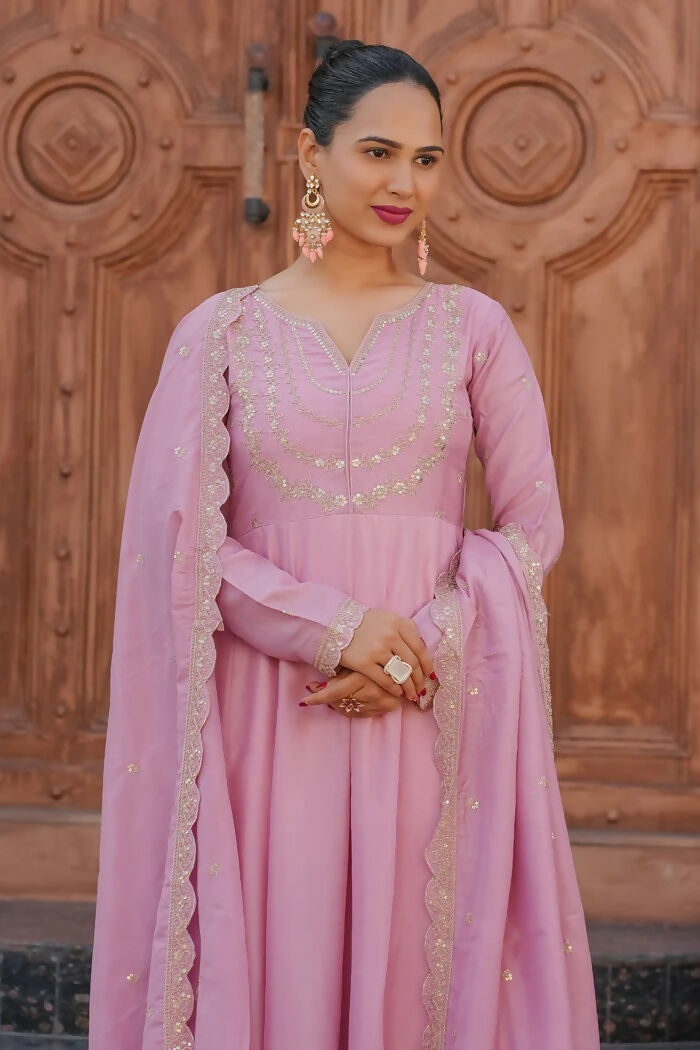The52 Pink Women's Gorgeous Vichitra Silk Fabric Embroidered Work Flared Anarkali Pant and Dupatta Set