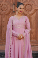 Thumbnail for The52 Pink Women's Gorgeous Vichitra Silk Fabric Embroidered Work Flared Anarkali Pant and Dupatta Set