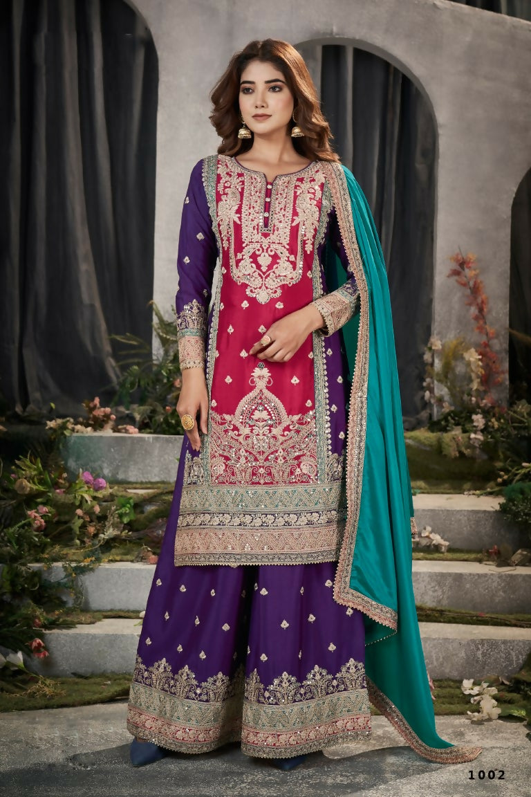Partywear Designer Pink Chinon Fabric suit - Shagun - Distacart