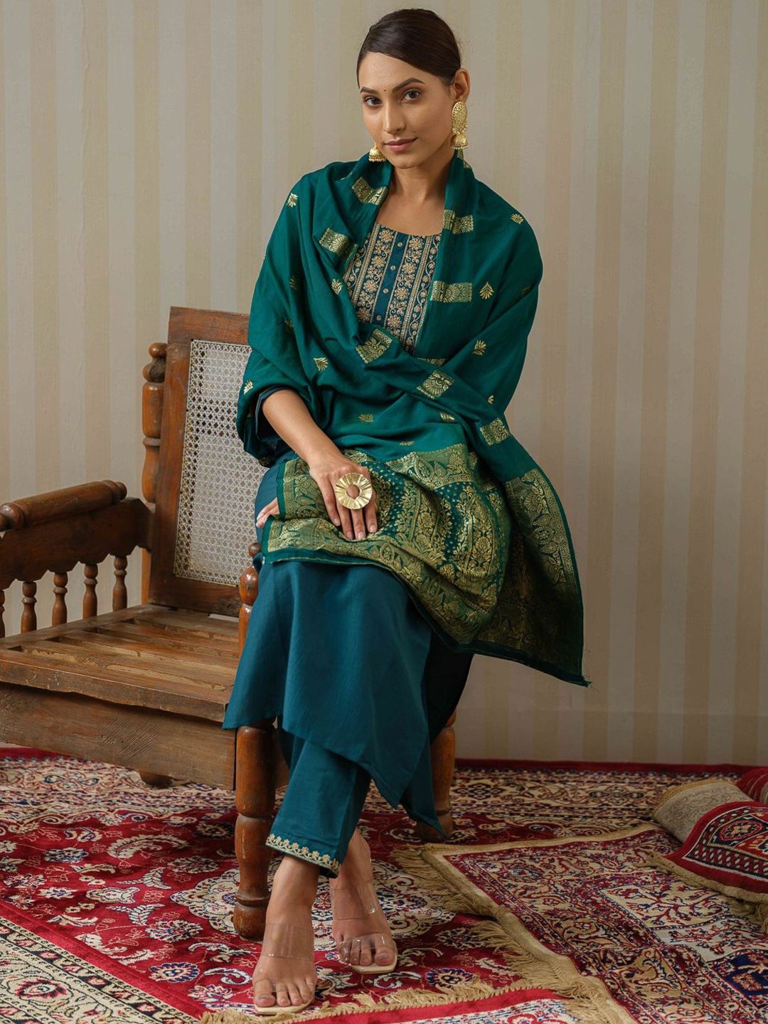 Ode by House of Pataudi Ethnic Motifs Embroidered Straight Kurta & Trousers With Dupatta - Distacart