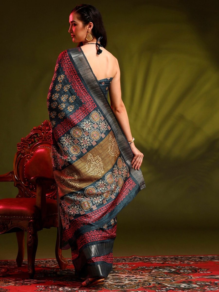 Anouk Grey Floral Printed Zari Sungudi Saree - Distacart
