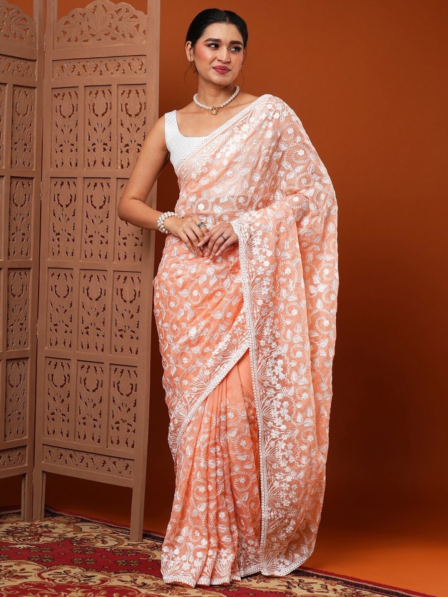 Anouk Peach Floral Embroidered Organza Saree - Distacart