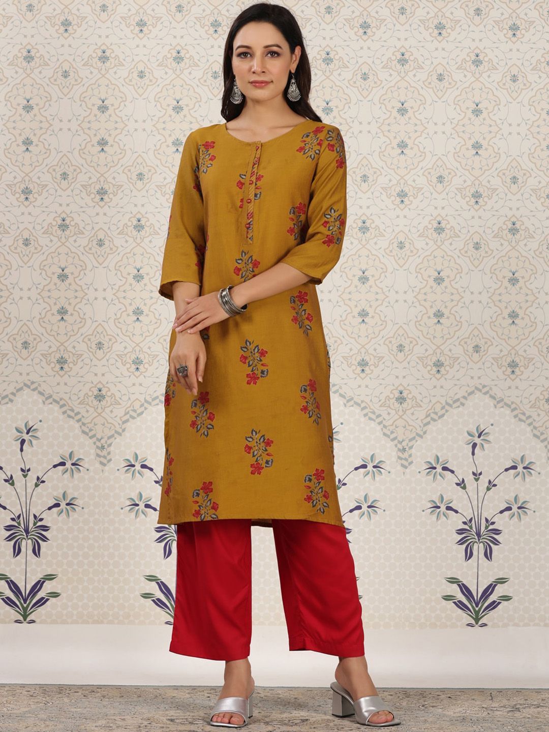 Ode by House of Pataudi Floral Printed Zari Detailed Straight Kurta - Distacart