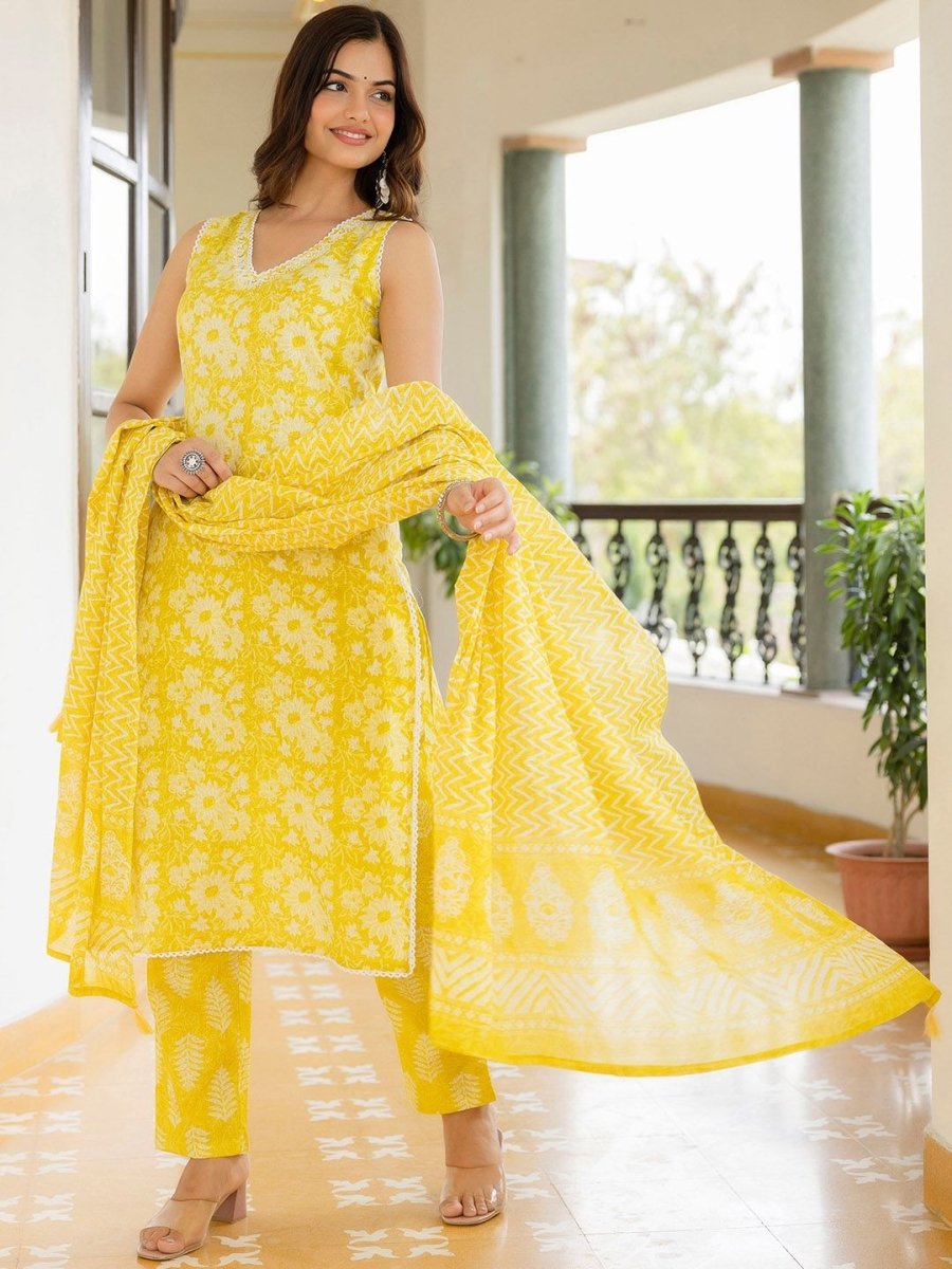 Anouk Floral Printed Regular Aari Work Pure Cotton Straight Kurta With Trousers & Dupatta - Distacart