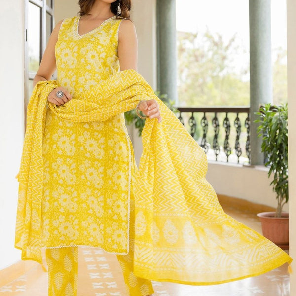 Anouk Floral Printed Regular Aari Work Pure Cotton Straight Kurta With Trousers & Dupatta - Distacart