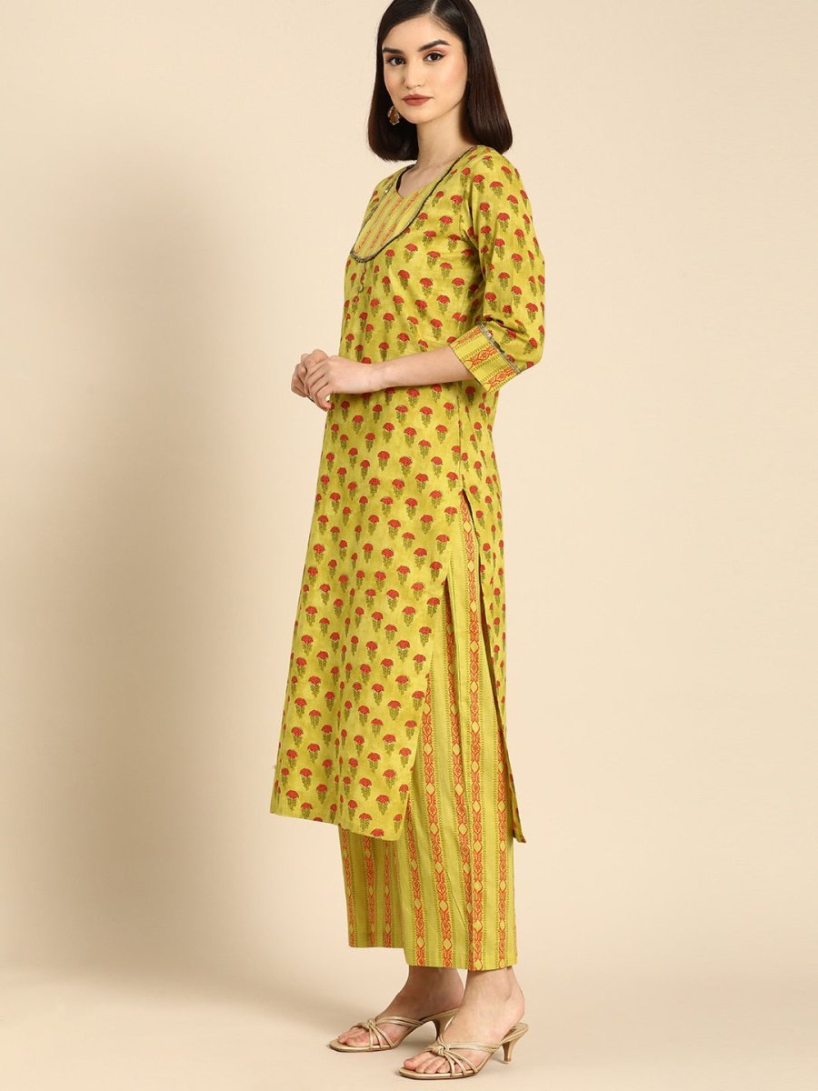 Anouk Women Mustard Yellow Ethnic Motifs Printed Cotton Kurta with Palazzos & With Dupatta - Distacart