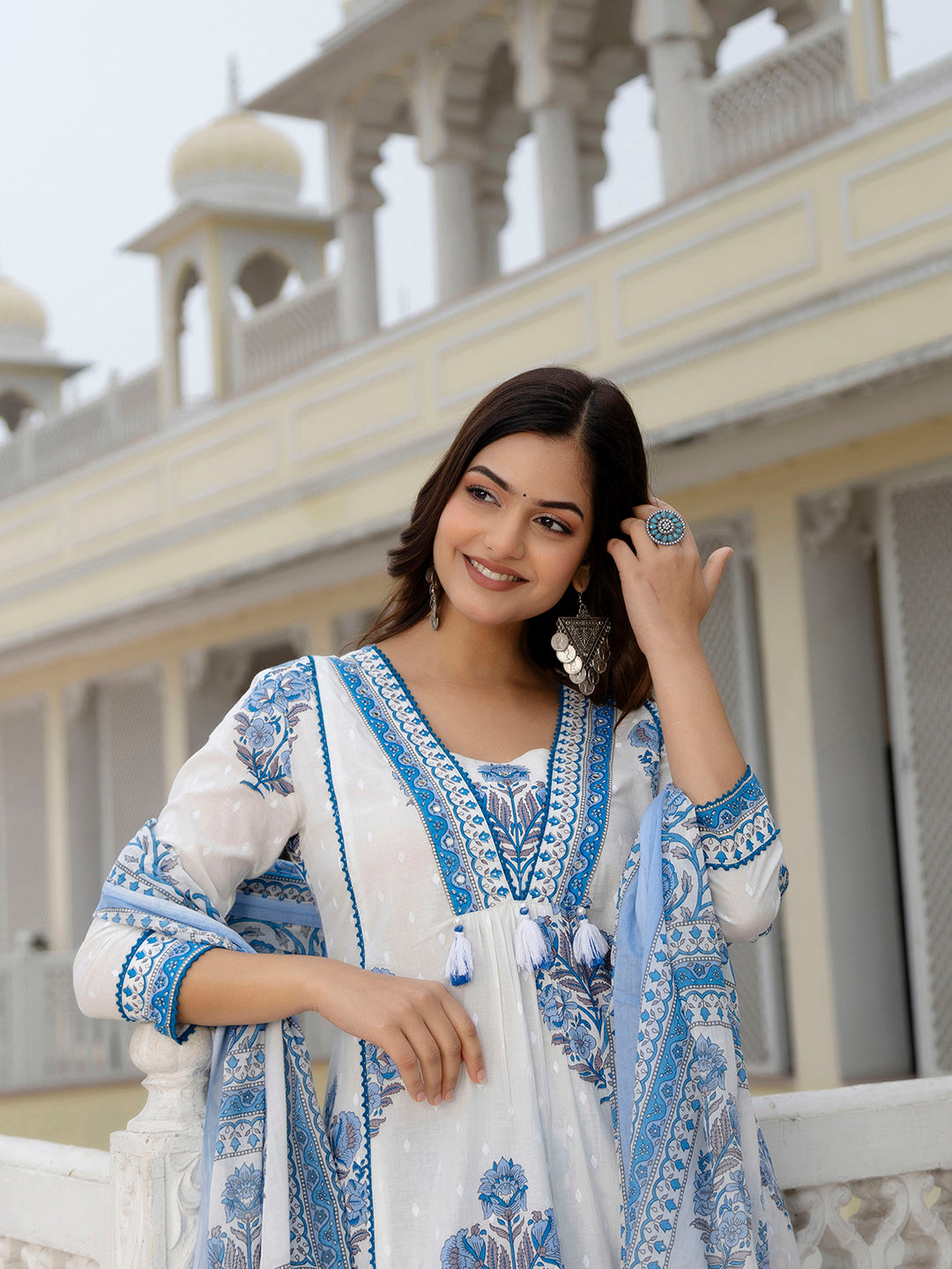 Kalini Floral Yoke Design V-Neck Panelled Cotton Anarkali Kurta With Trousers & Dupatta - Distacart