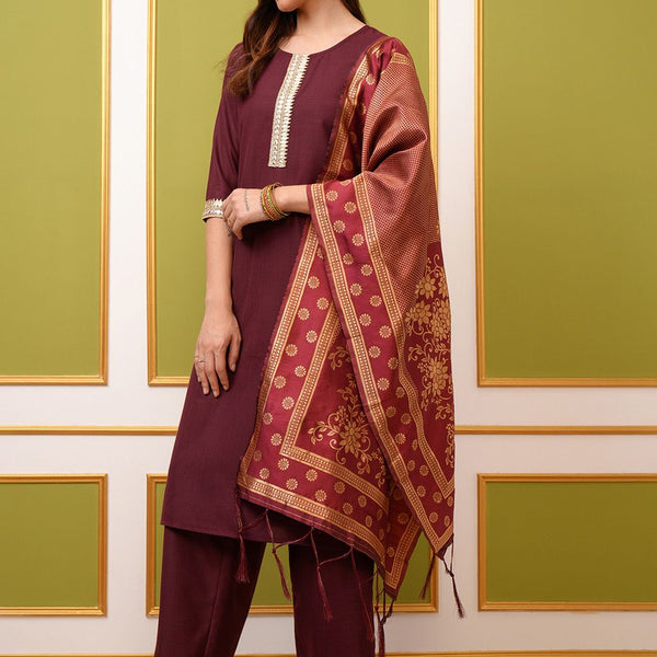 Vishudh Burgundy Yoke Design Thread Work Straight Kurta & Palazzos With Dupatta - Distacart