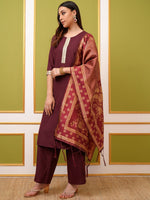 Thumbnail for Vishudh Burgundy Yoke Design Thread Work Straight Kurta & Palazzos With Dupatta