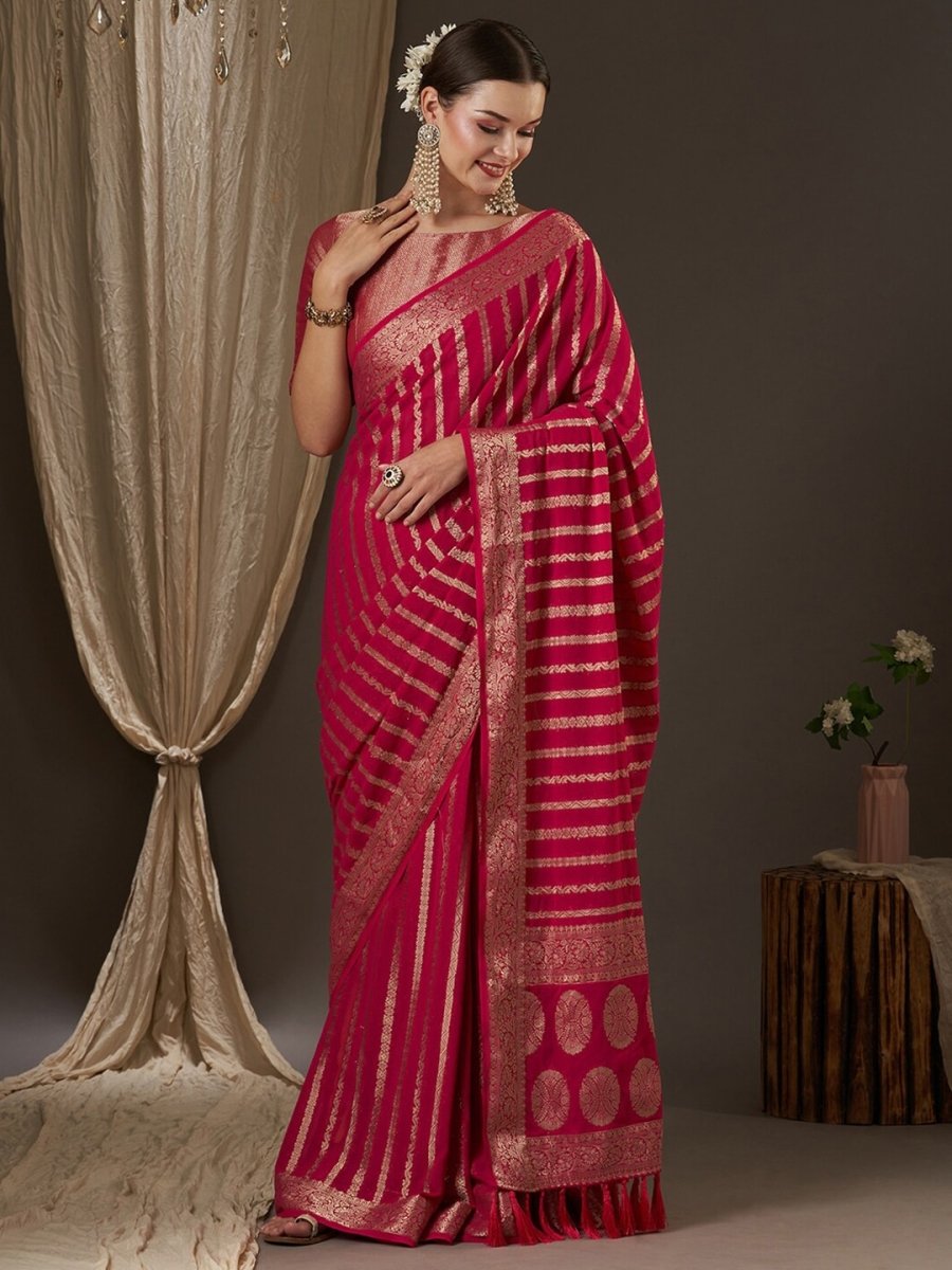 Anouk Pink & Gold-Toned Woven Design Zari Pure Georgette Kanjeevaram Saree - Distacart