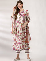 Thumbnail for Anouk Floral Printed V-Neck Angrakha Thread Work Pure Cotton Kurta with Trousers & Dupatta