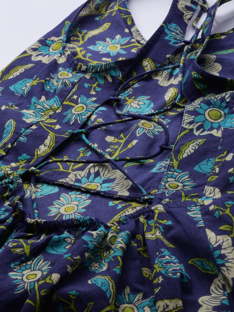 Anouk Women Navy Blue Floral Printed Styled Back Pure Cotton Kurta with Trousers - Distacart