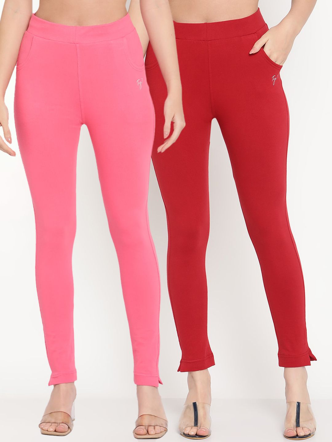TAG 7 Set Of 2 Pink & Red Solid Leggings - Distacart