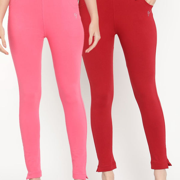 TAG 7 Set Of 2 Pink & Red Solid Leggings - Distacart