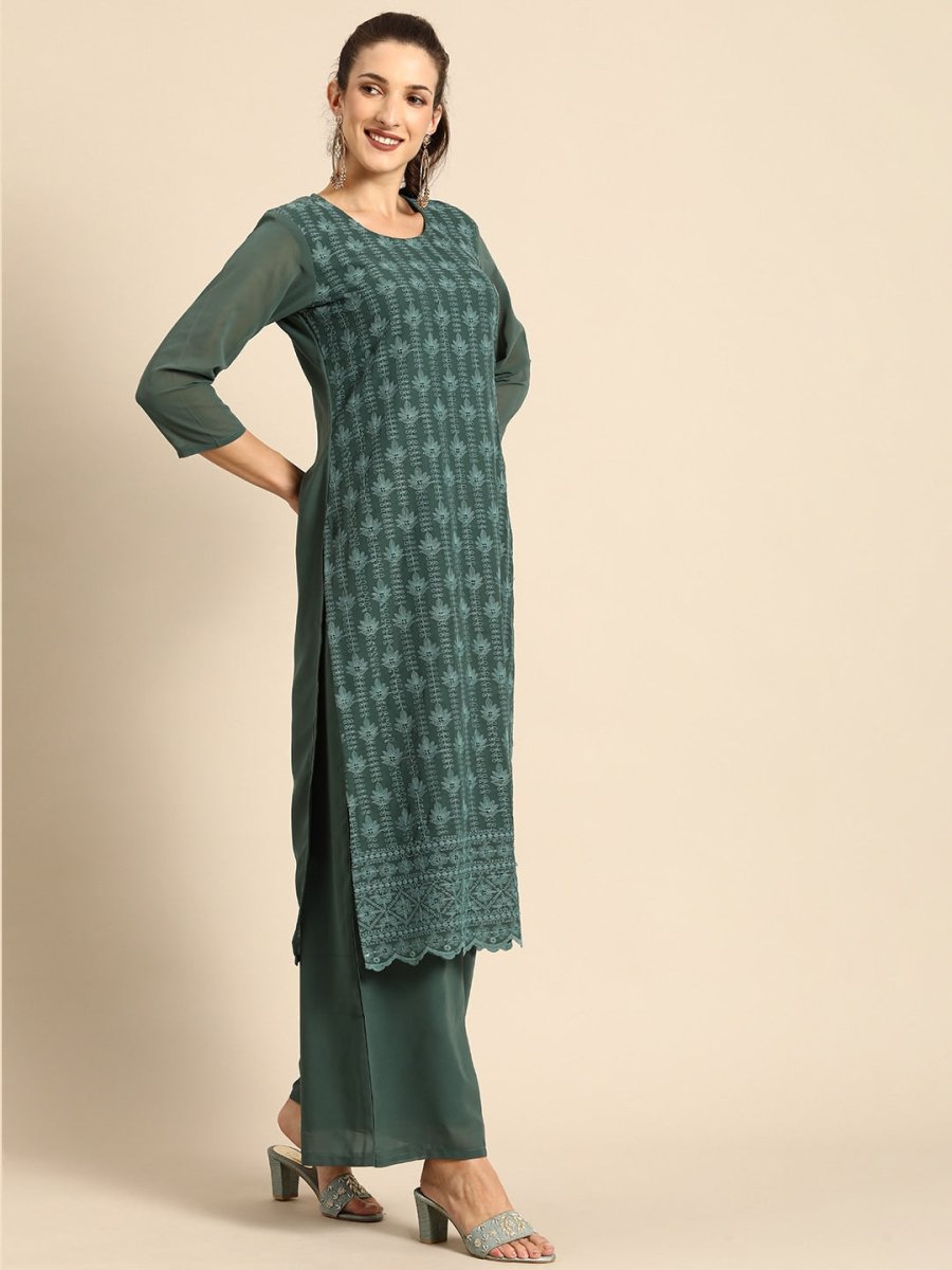 All About You Women Green Ethnic Motifs Embroidered Regular Chikankari Kurta with Palazzos - Distacart