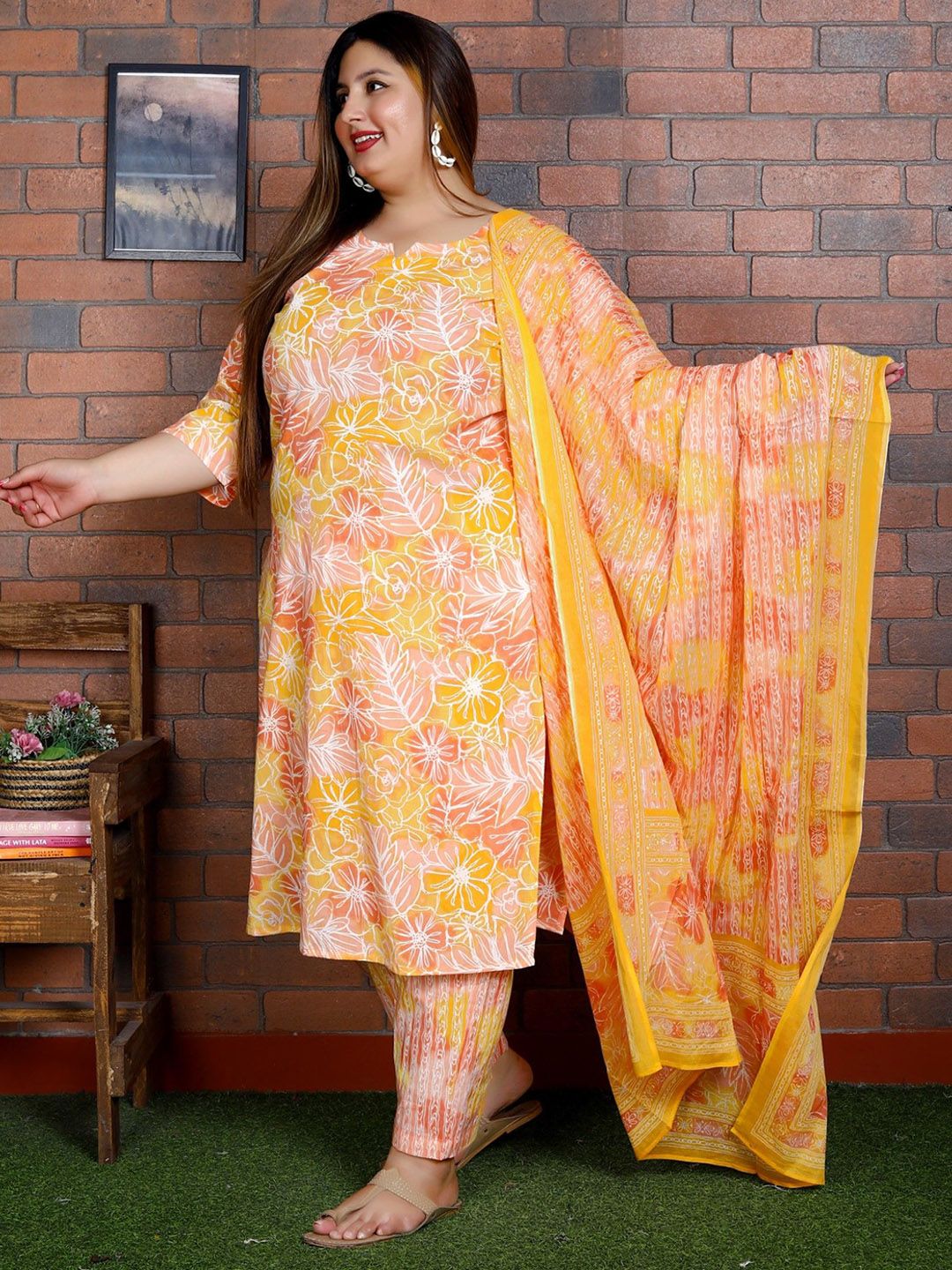 Swasti Women Floral Printed Regular Sequinned Pure Cotton Kurta with Trousers & With Dupatta - Distacart