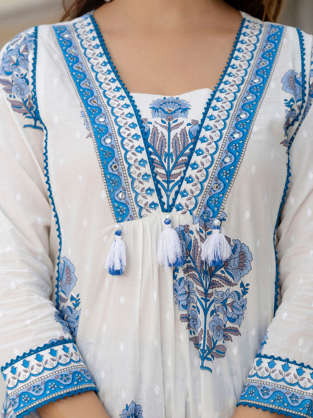 Kalini Floral Yoke Design V-Neck Panelled Cotton Anarkali Kurta With Trousers & Dupatta - Distacart