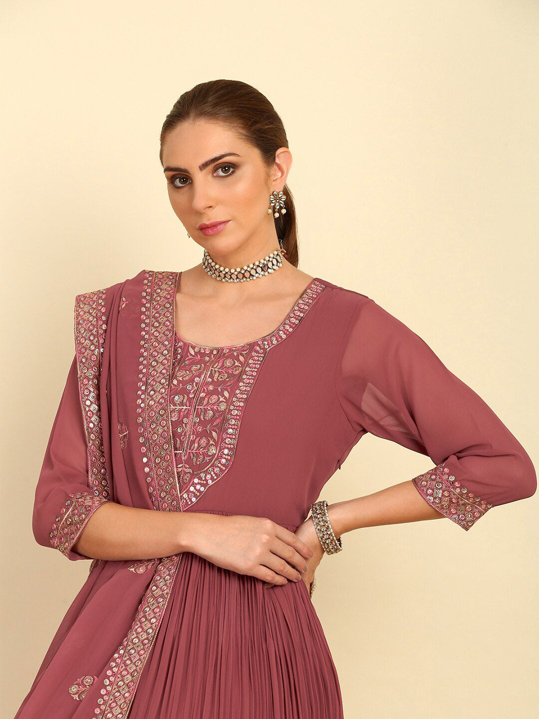 Soch Pink Embroidered Pleated A-Line Sequinned Georgette Kurta with Churidar & Dupatta - Distacart