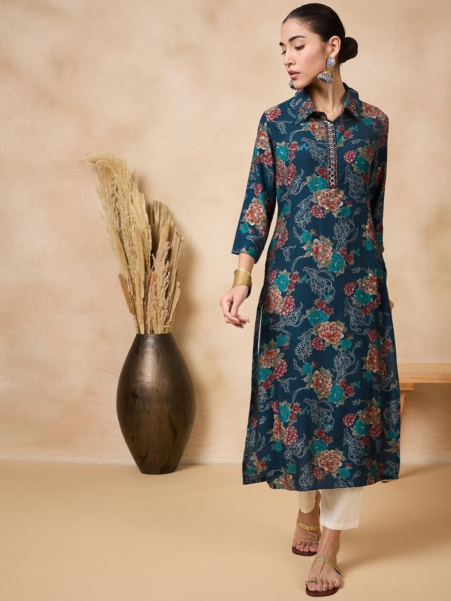 Anouk Floral Printed Mirror Work Straight Kurta - Distacart