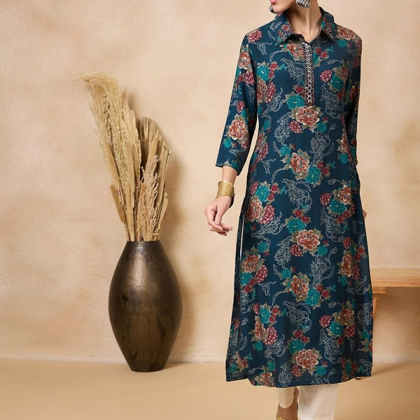 Anouk Floral Printed Mirror Work Straight Kurta - Distacart