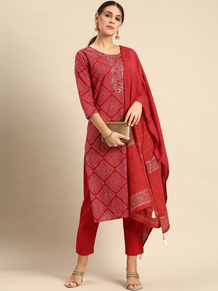 Anouk Red & White Bandhani Print Mirror Work Cotton Straight Kurta Trousers Dupatta - Distacart