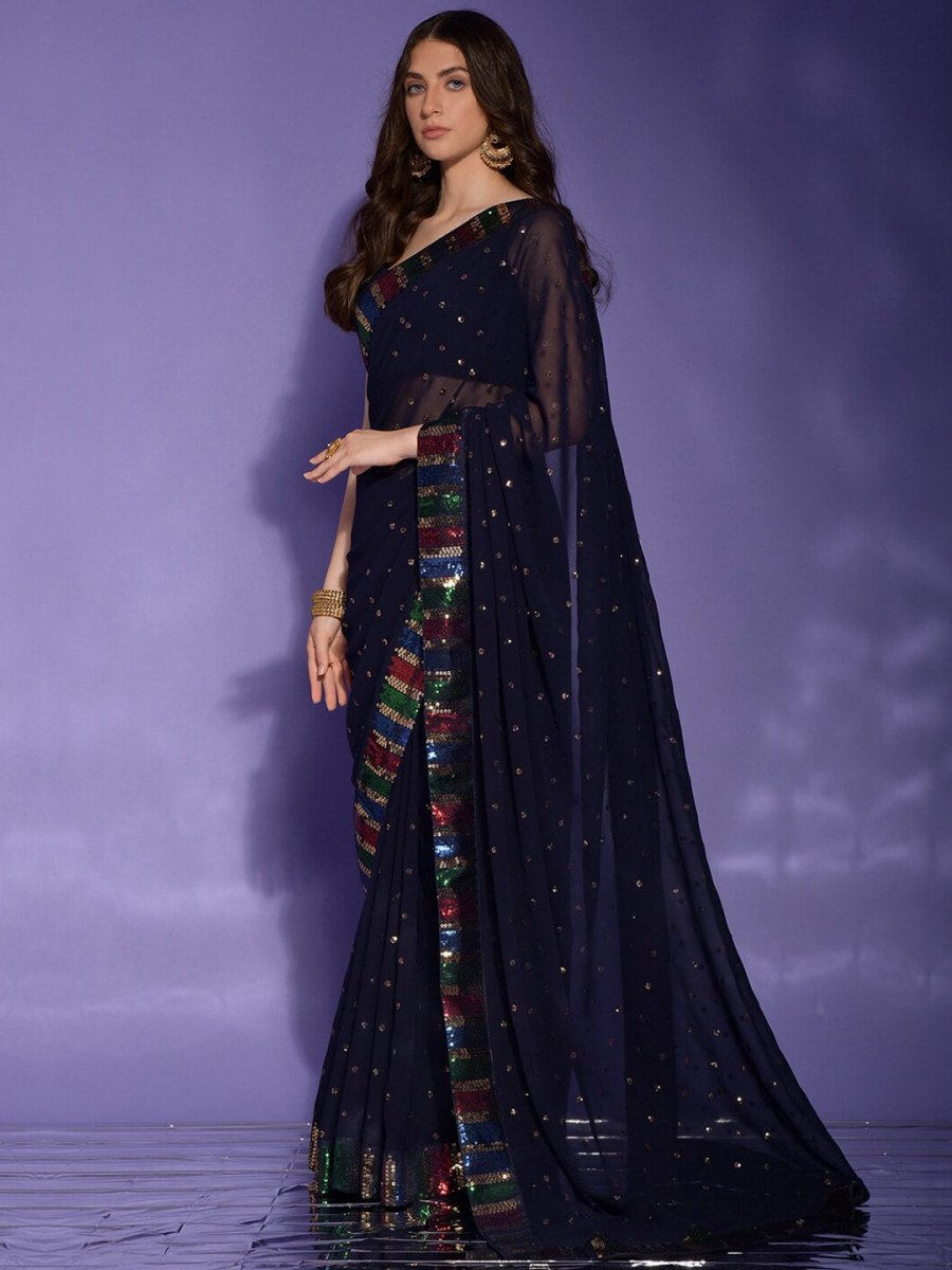 Anouk Navy Blue & Gold-Toned Floral Sequinned Pure Georgette Saree - Distacart