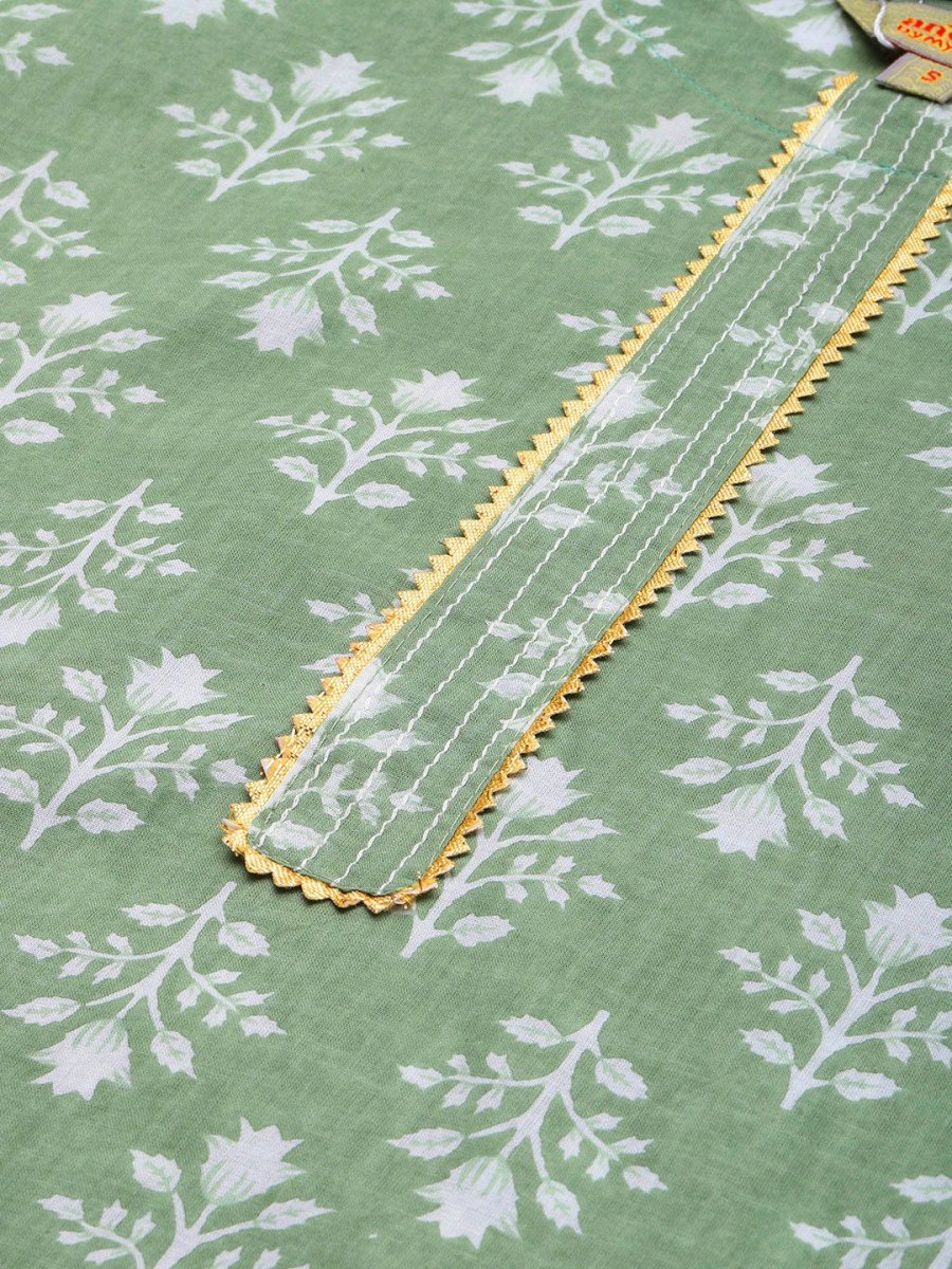 Anouk Green & White Floral Printed Gotta Patti Cotton Straight Kurta Trousers Dupatta - Distacart