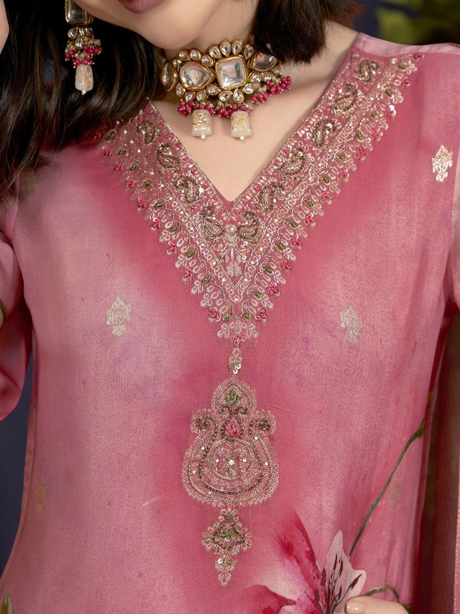 Anouk Peach Floral Printed Jacquard Organza Straight Kurta With Trousers & Dupatta - Distacart