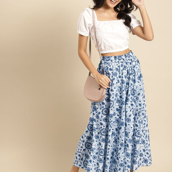 TAG 7 Women White & Blue Printed Pure Cotton Flared Palazzos - Distacart