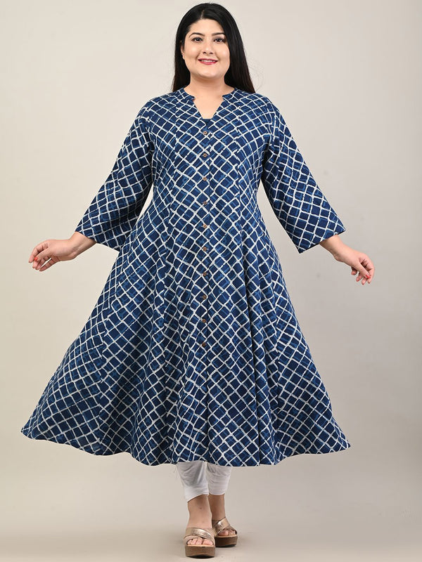 Swasti Plus Size Checked Mandarin Collar Anarkali Kurta