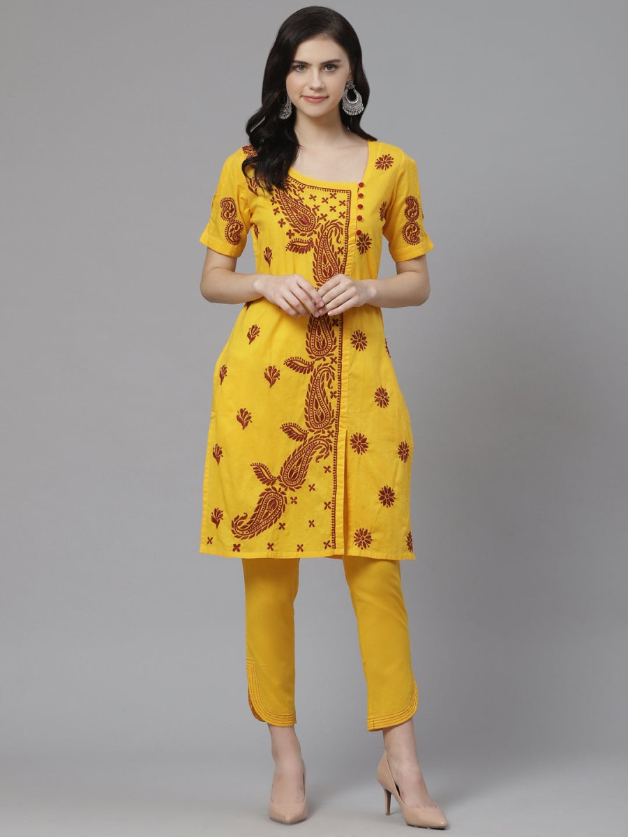 ADA Women Yellow & Maroon Paisley Chikankari Embroidered Sustainable Handloom Kurta with Trousers - Distacart