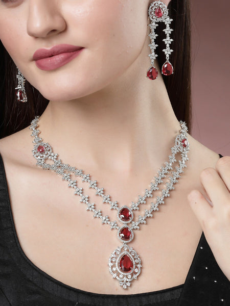 NVR Women's Silver-Plated Red CZ-Studded Handcrafted Jewellery Set - Distacart