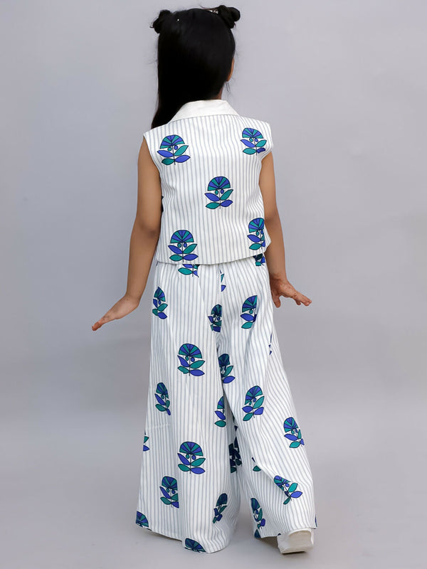 Lil Drama Shor-Gul White Jacket and Pant With Blue Bustier Set For Girls