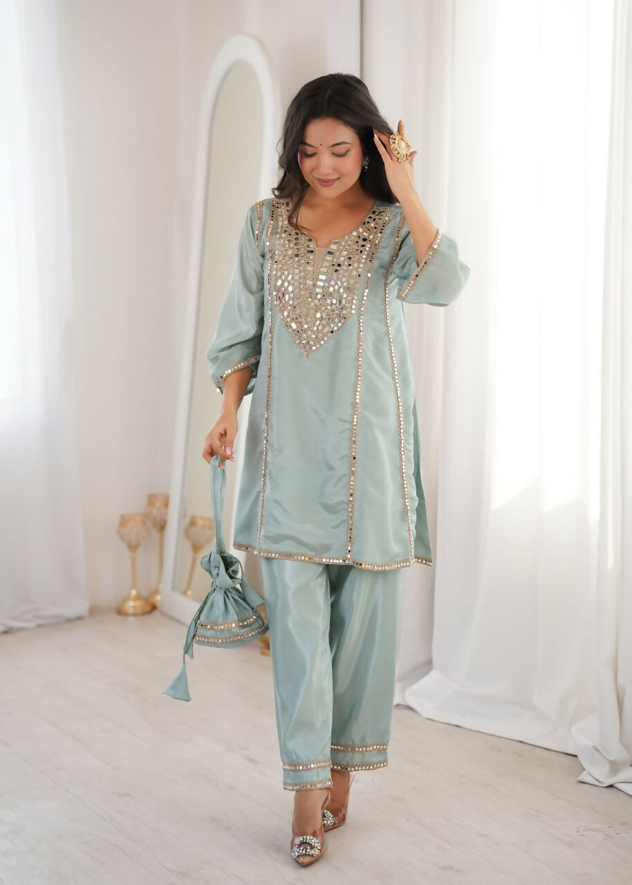 Teeya Creation Womens New Wedding Wear Sky Color With Mirror & Lace Work Kurta Pant Set - Dista