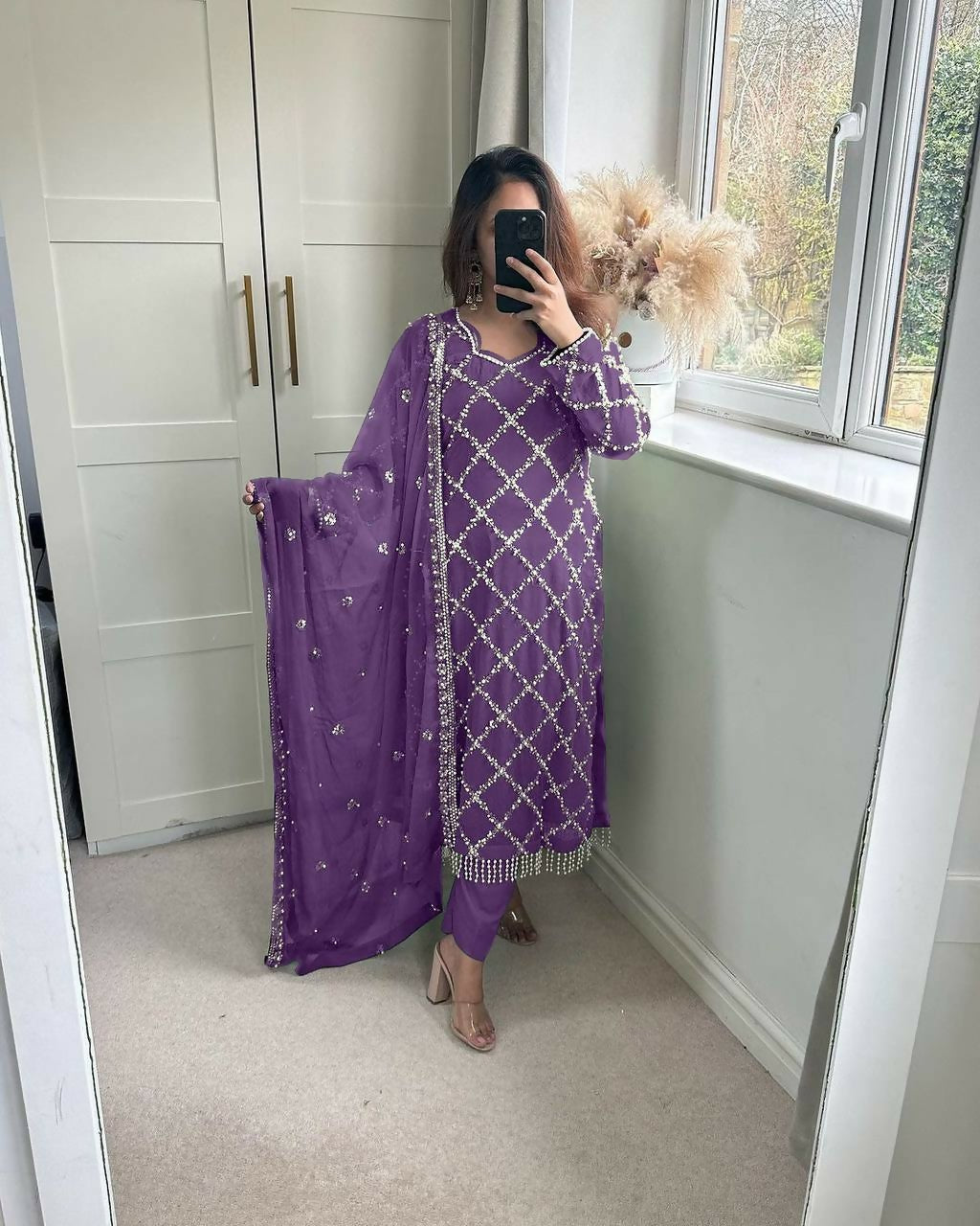 Preksha Creation Indian Festival Special Women Faux Georgette Sequence Embroidered Work Top And Pant With Dupatta - Lavender - Distacart