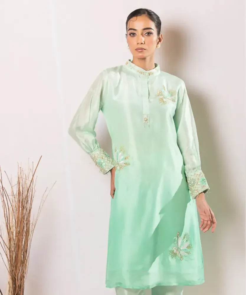 Timaraa Mint Whisper – Aari Zardosi Silk Co-Ord Set - Dista