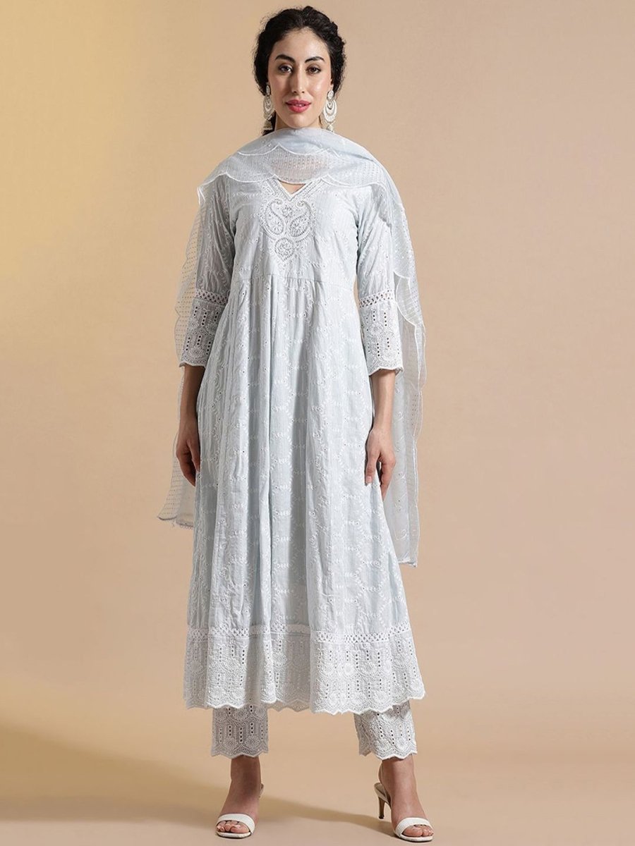 Anouk Floral Embroidered Empire Thread Work Pure Cotton Kurta with Trouser & Dupatta - Distacart