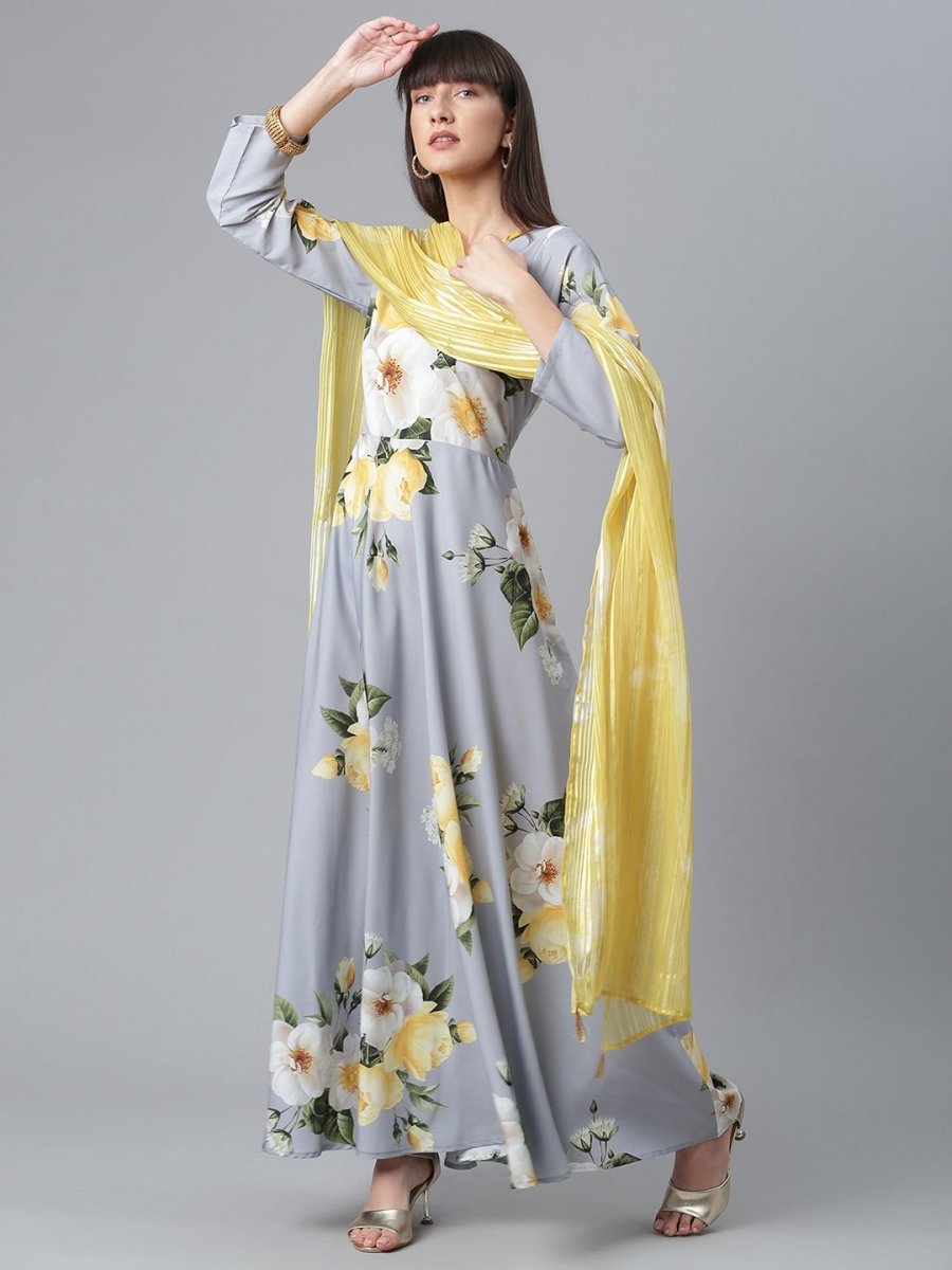 Ahalyaa Rayon Grey Digital Print Kurta With Dupatta Set