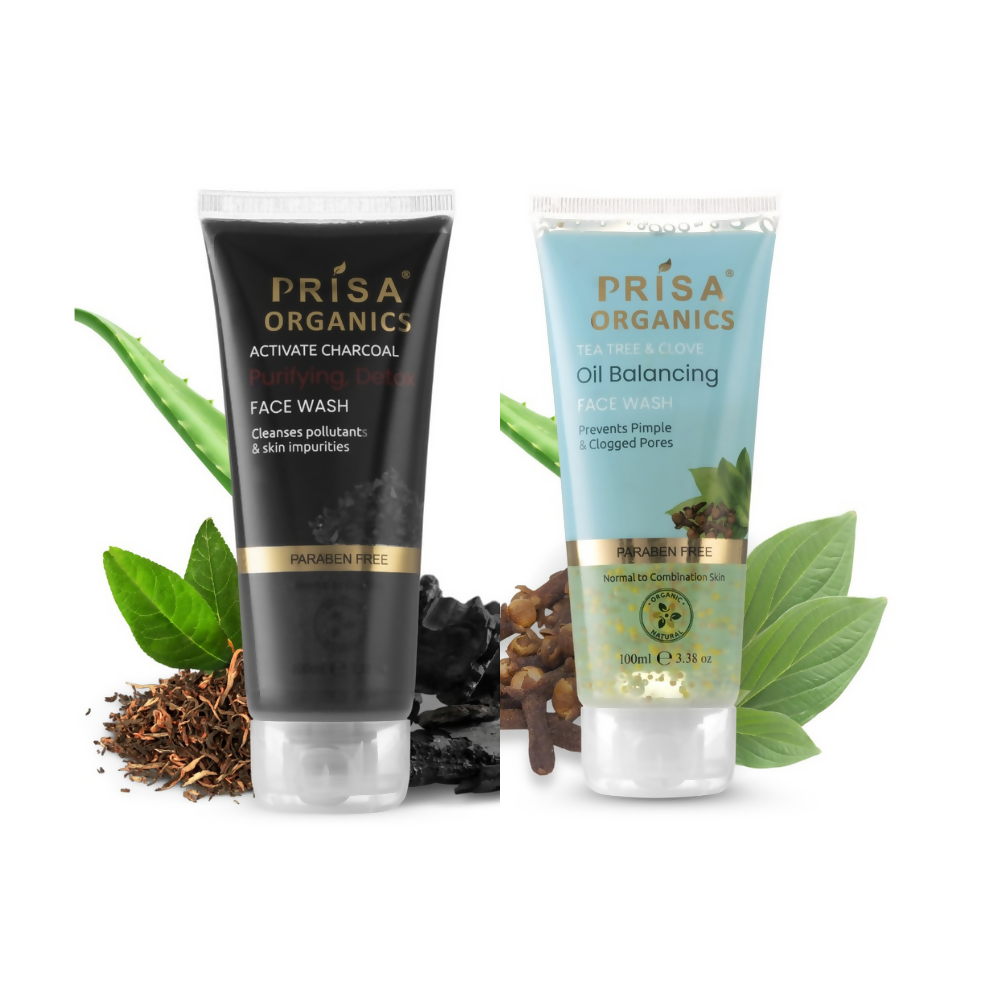 Prisa Organics Activated Charcoal Face Wash and Tea Tree & Clove, Oil Balancing Face Wash Combo - Distacart