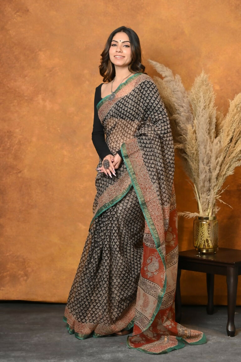 Very Much Indian Handloom Pure Kota Cotton Handblock Printed Saree - Cerulean Print - Distacart