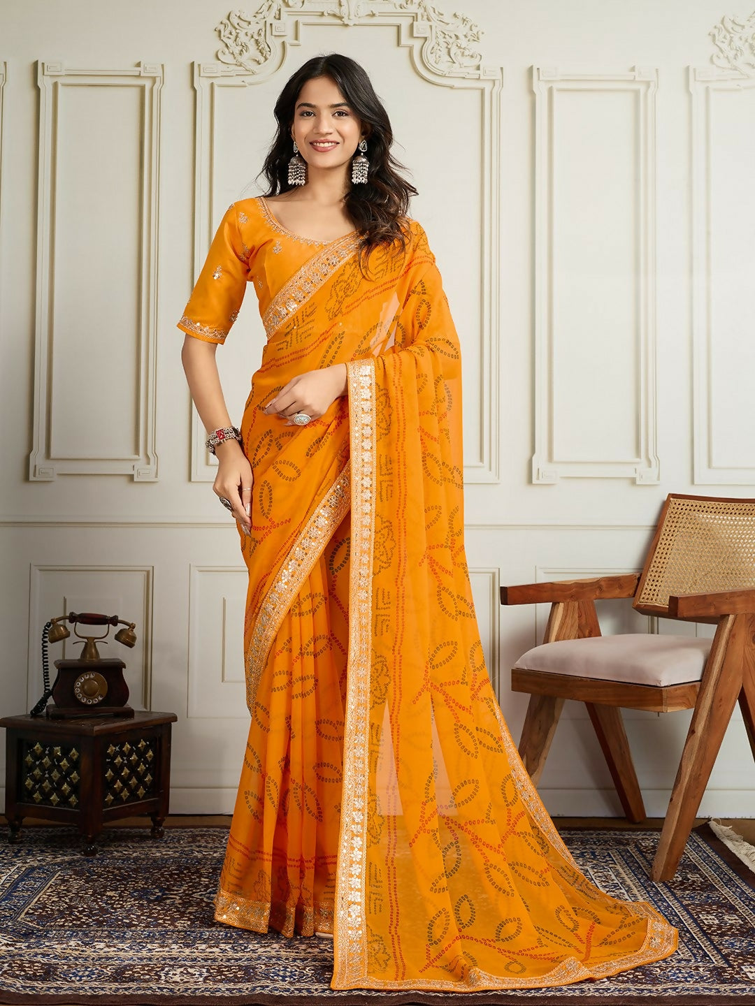 Ai Fashion Yellow Georgette Rajwadi Bandhani Print Party Wear Saree