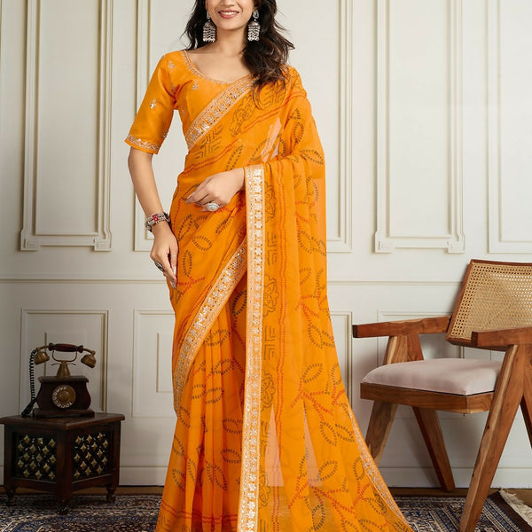 Ai Fashion Yellow Georgette Rajwadi Bandhani Print Party Wear Saree - Distacart