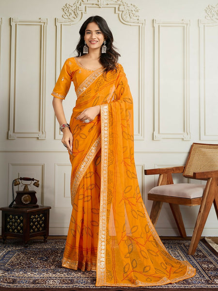 Ai Fashion Yellow Georgette Rajwadi Bandhani Print Party Wear Saree