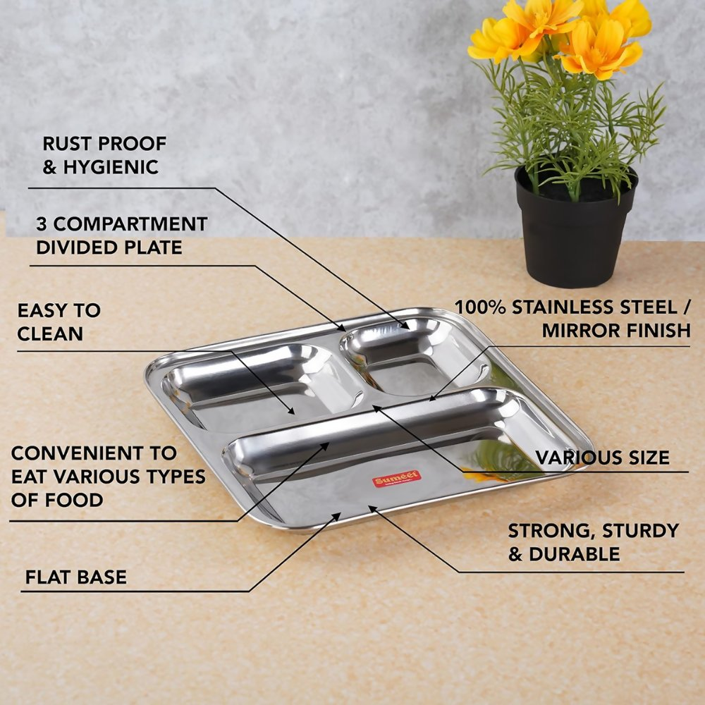 Sumeet Stainless Steel 3 in 1 Idli Wada Compartment plate - Small - Dista