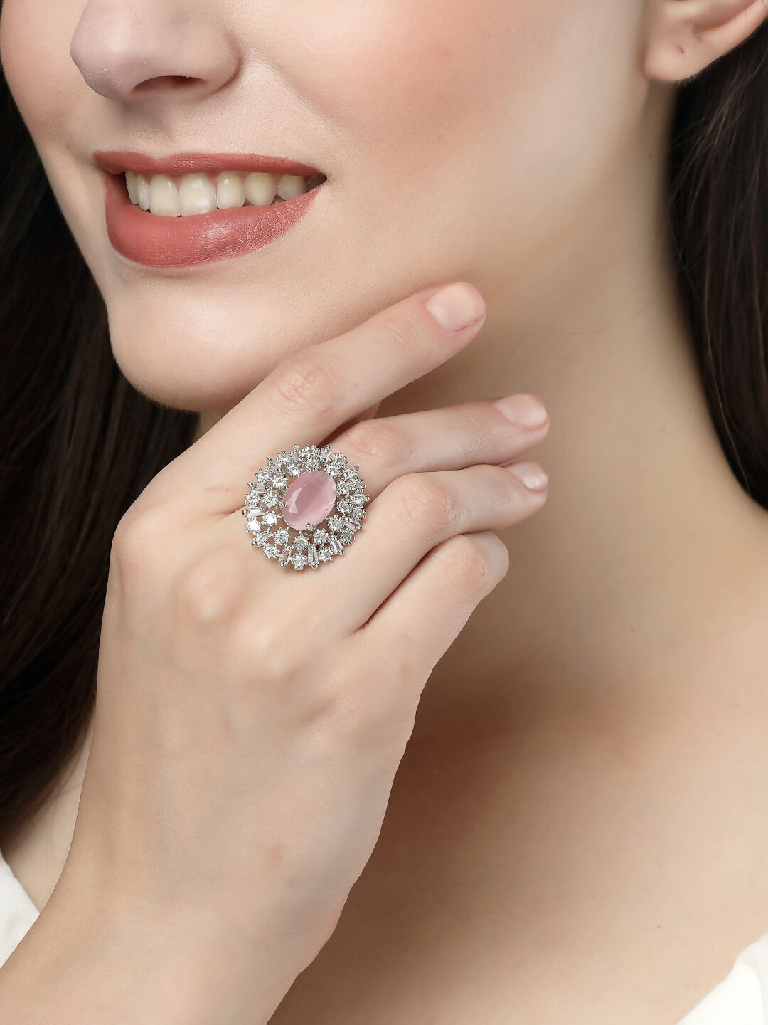 NVR Women's Pink & Silver CZ-Studded Handcrafted Adjustable Finger Ring - Distacart