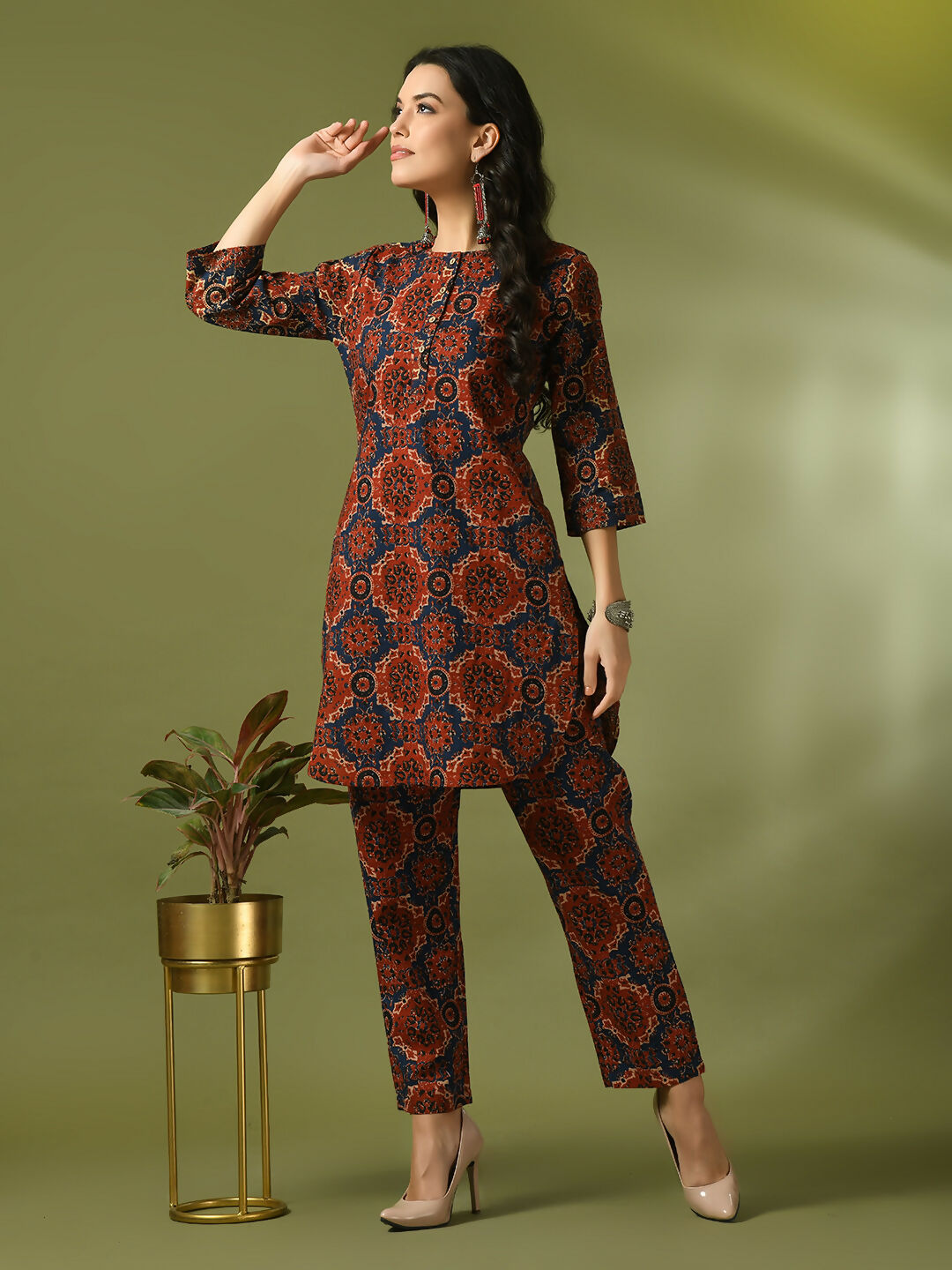 Myshka Women's Multi Printed Cotton Round Neck Party Tunic With Trousers Co-ord set - Distacart