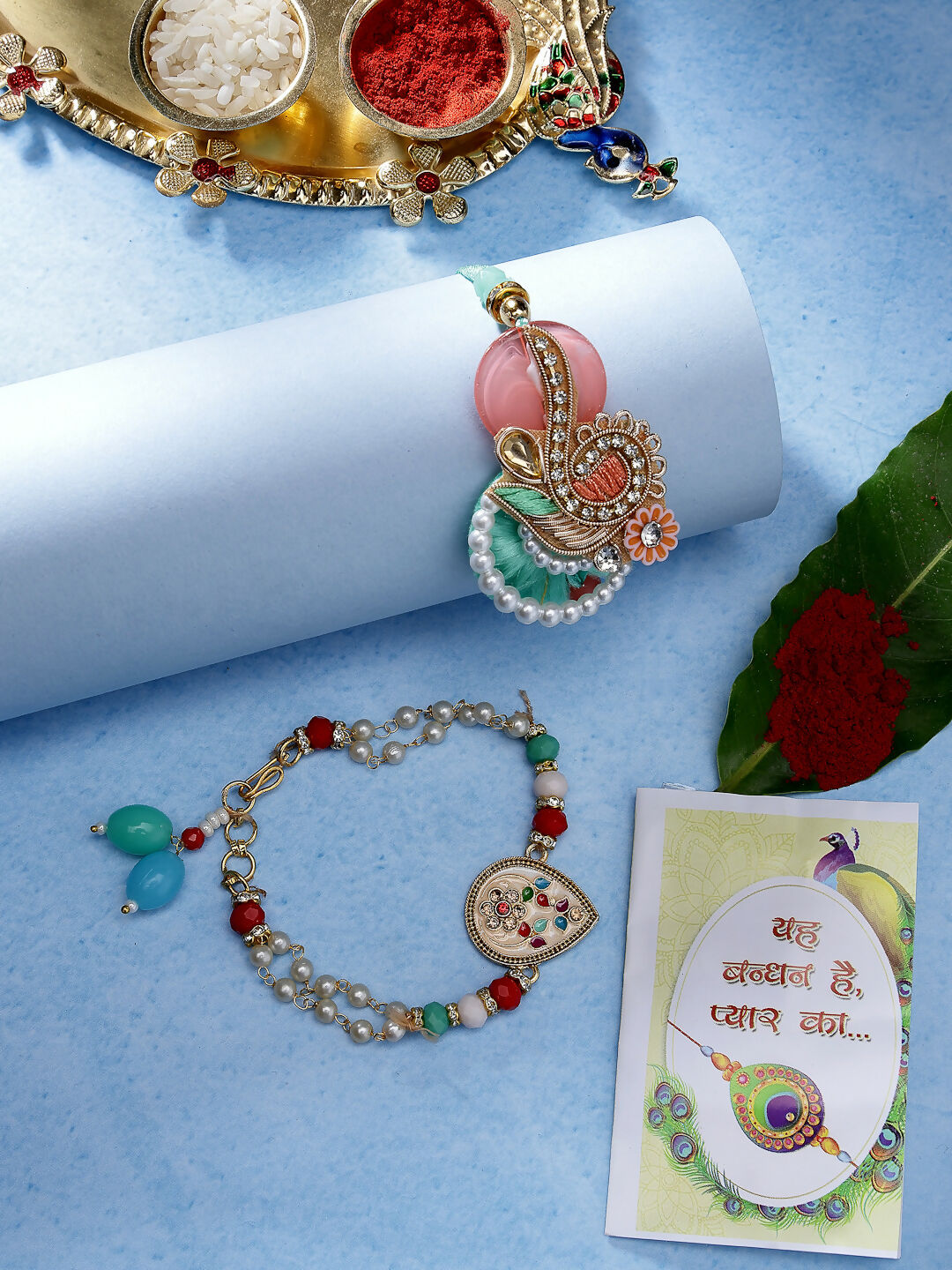 NVR Women & Men Set of 2 Multicolor Stone-Studded & Beaded Bhaiya Bhabhi Rakhi With Roli Chawal - Distacart
