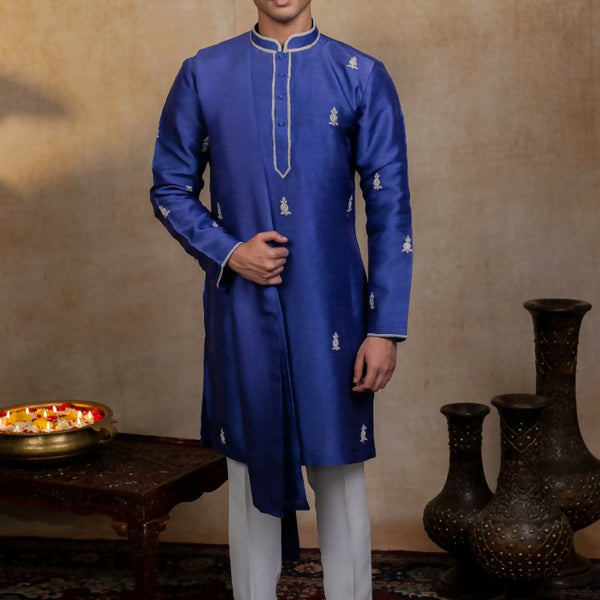 Falling Raw Silk Dark Blue Silver Stitches Kurta Set By Hilo Design