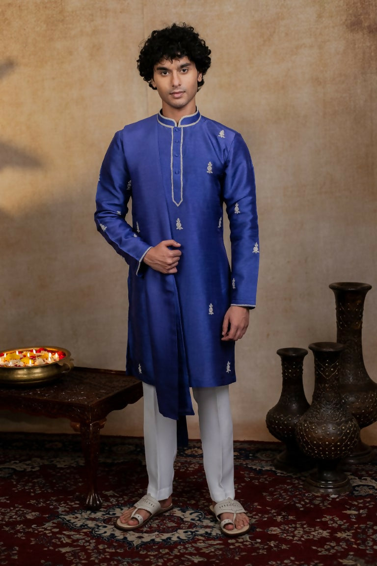 Falling Raw Silk Dark Blue Silver Stitches Kurta Set By Hilo Design - Distacart