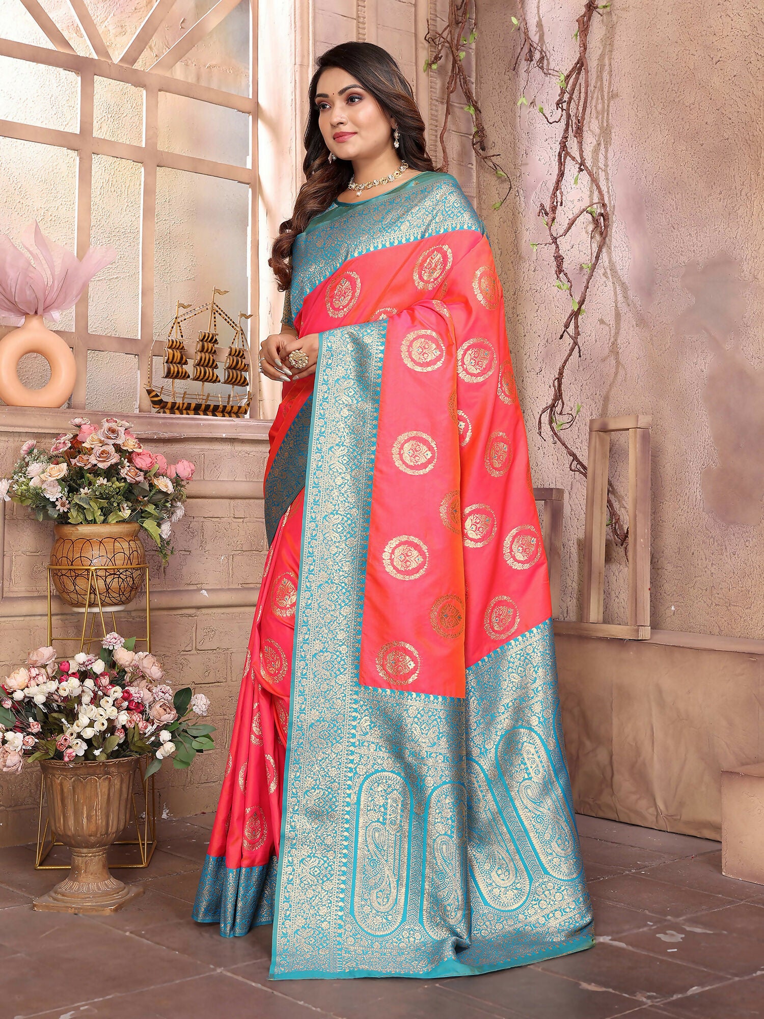 Joban Fashion Pink Banarasi Soft Silk Woven Saree